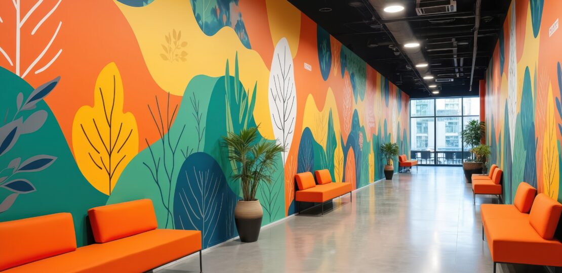 Office space with vibrant mural evoking company values. Colorful foliage design on walls. Bright orange couches line hallway. Modern corporate environment with creative art for motivation, teamwork,